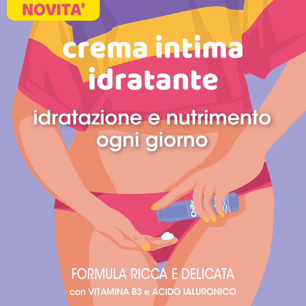 Illustrazione di una donna che usa il prodotto. Testo: 'Crema Intima Idratante'. Con vitamina B3 e acido ialuronico.