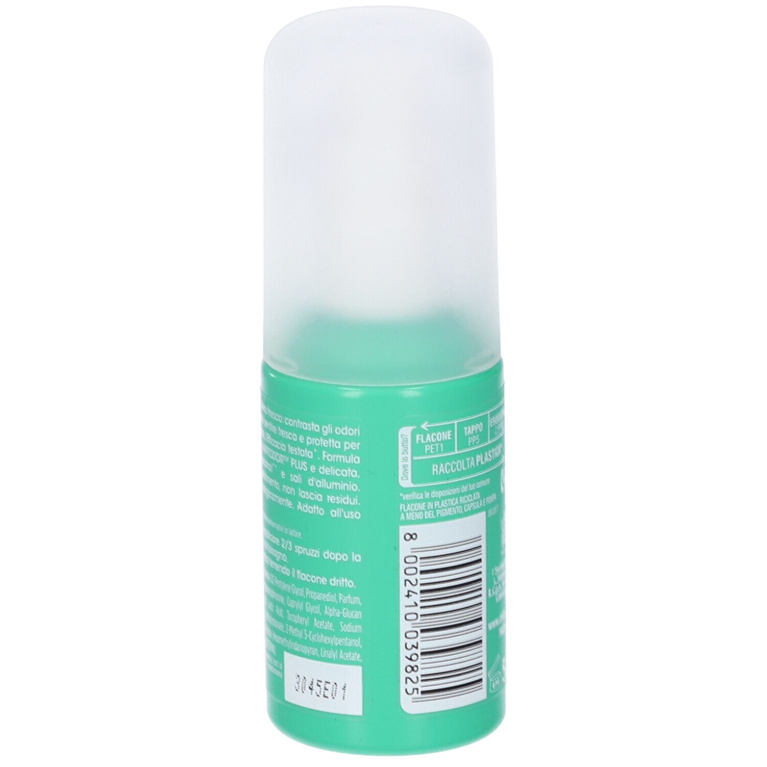 Deodorante intimo roll-on verde con tappo bianco. Retro con testo e codice a barre. Flacone in plastica riciclata.