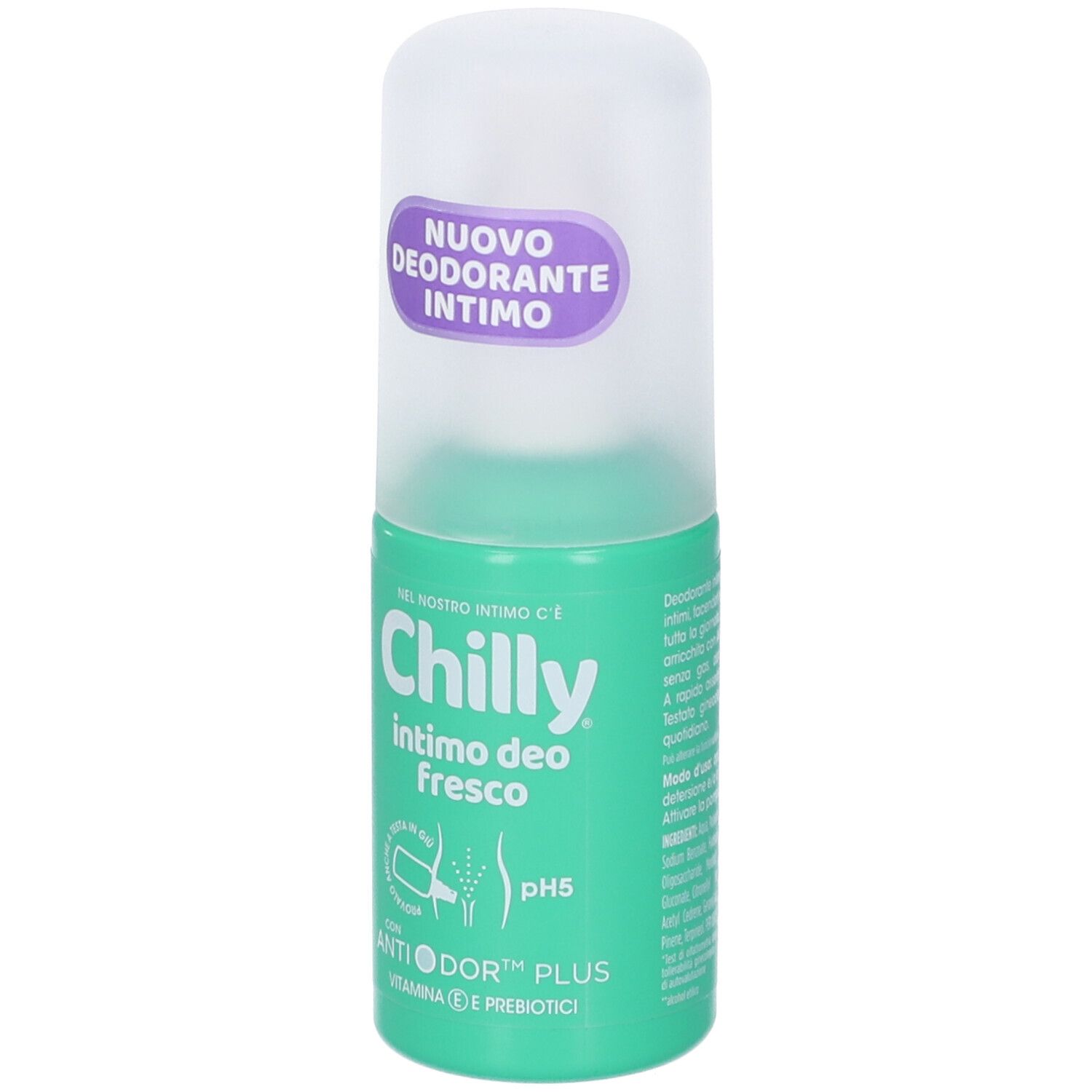Deodorante intimo roll-on verde con tappo bianco. Scritta: Chilly intimo deo fresco, pH5, con Anti-Odor Plus.