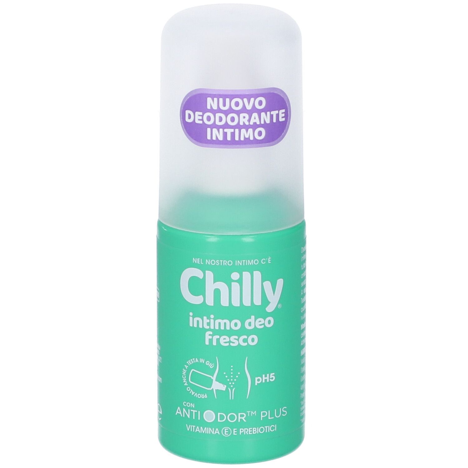 Deodorante intimo roll-on verde con tappo bianco. Scritta: Chilly intimo deo fresco, pH5, con Anti-Odor Plus.