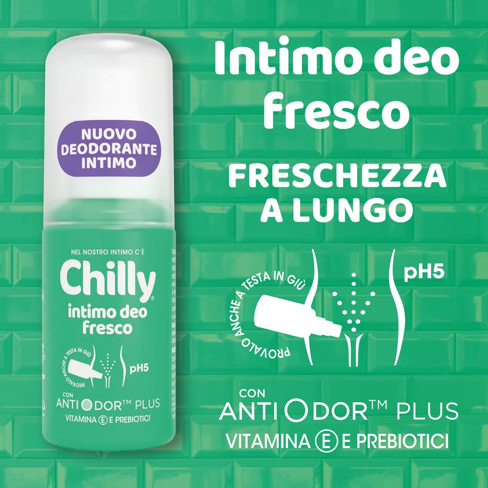 Immagine pubblicitaria. Sfondo verde con immagine del prodotto e testo: Intimo deo fresco, Freschezza a lungo.