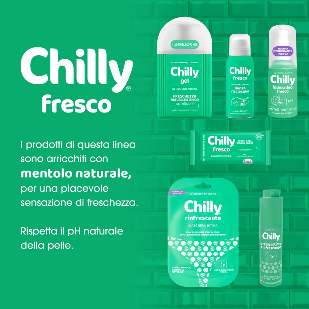 Immagine pubblicitaria. Diversi prodotti Chilly. Testo: I prodotti di questa linea sono arricchiti con mentolo naturale.