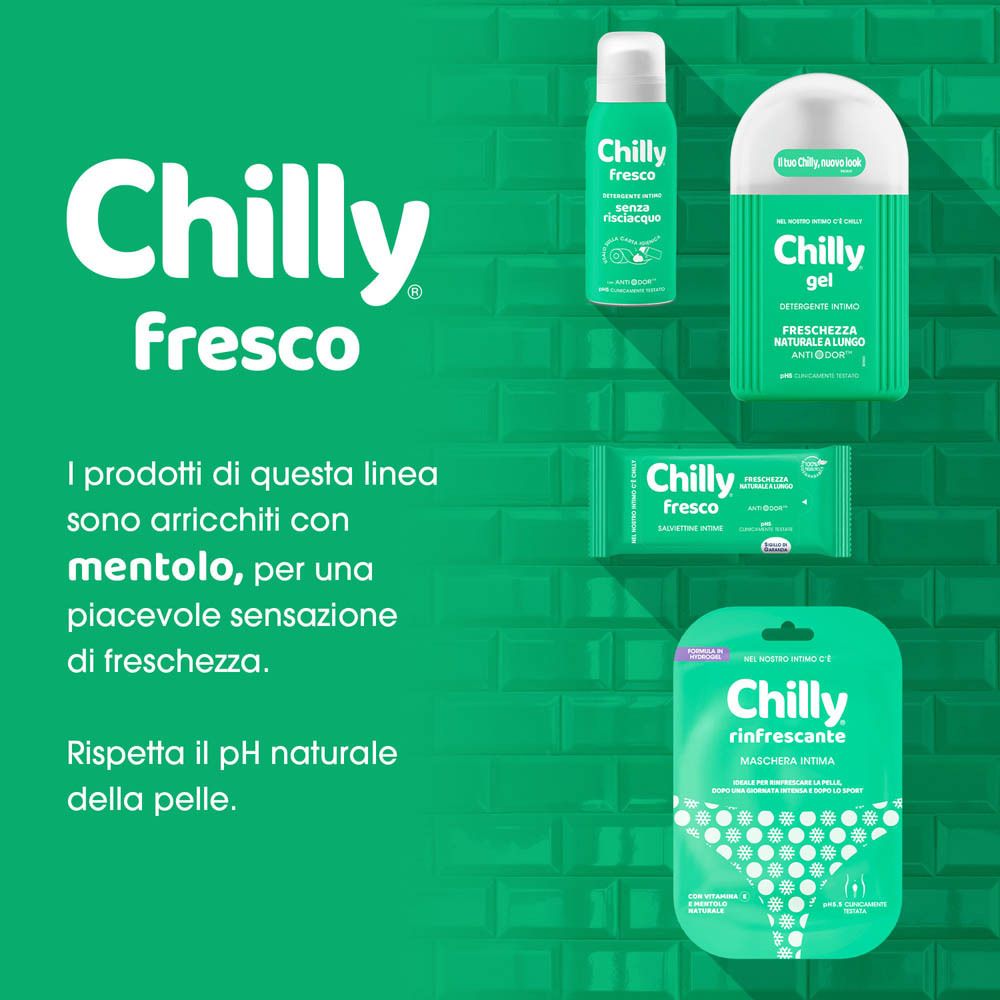 Prodotti Chilly Fresco: gel doccia, detergente intimo e salviettine.