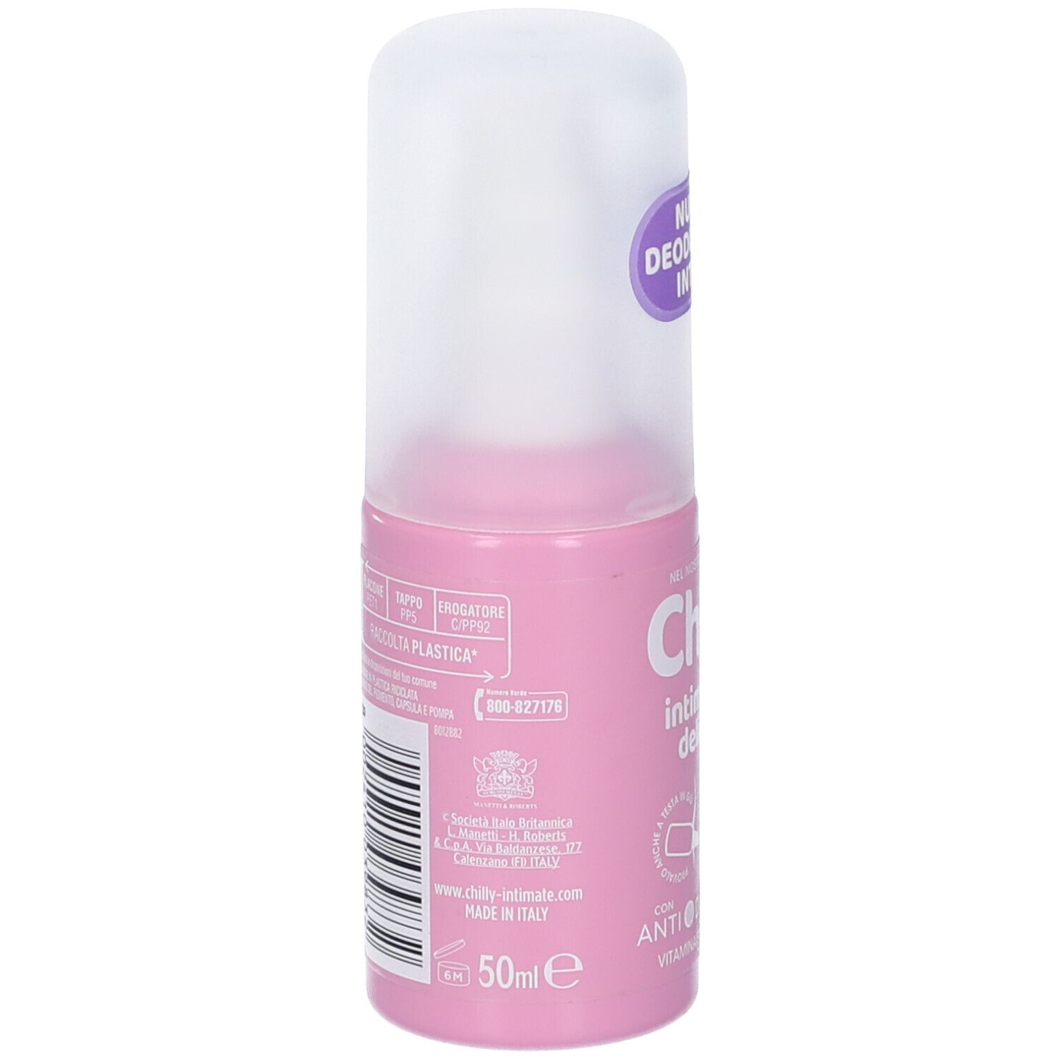 Deodorante roll-on rosa con tappo bianco. Scritta: Chilly Intimo Deo Delicato. Retro con testo e codice a barre.
