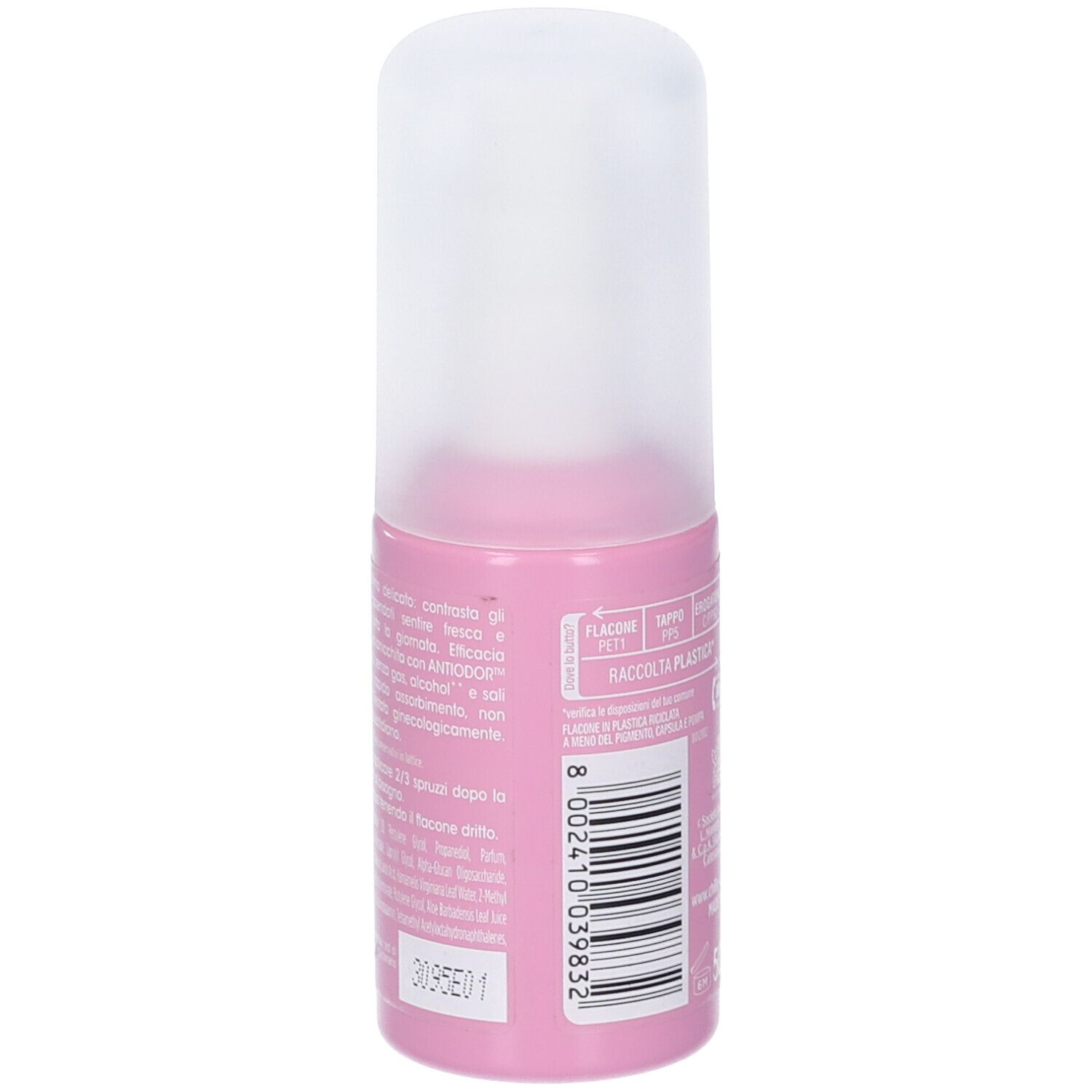 Deodorante roll-on rosa con tappo bianco. Retro con testo e codice a barre. Scritta: Chilly Intimo Deo Delicato.