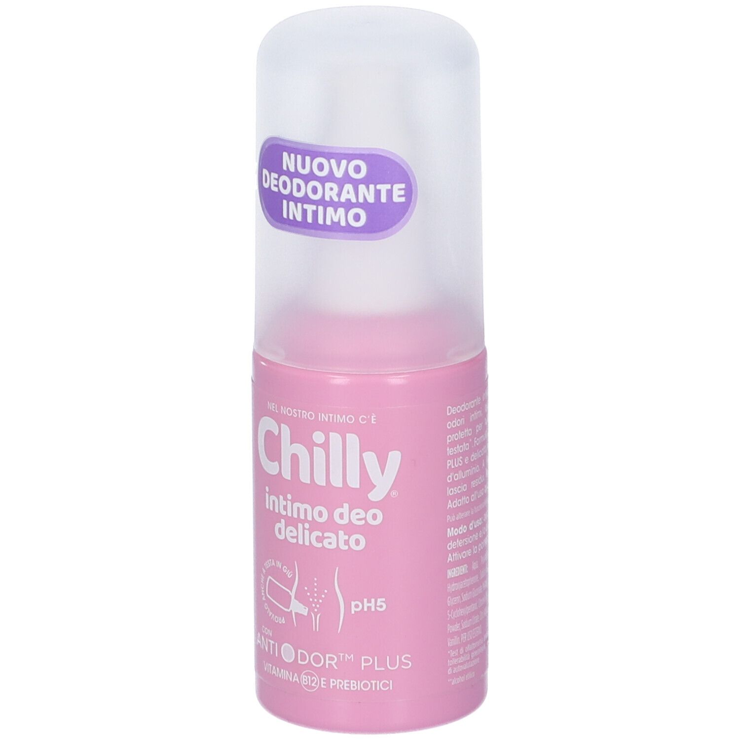 Deodorante roll-on rosa con tappo bianco. Scritta: Chilly Intimo Deo Delicato, pH5, Anti Odor Plus.