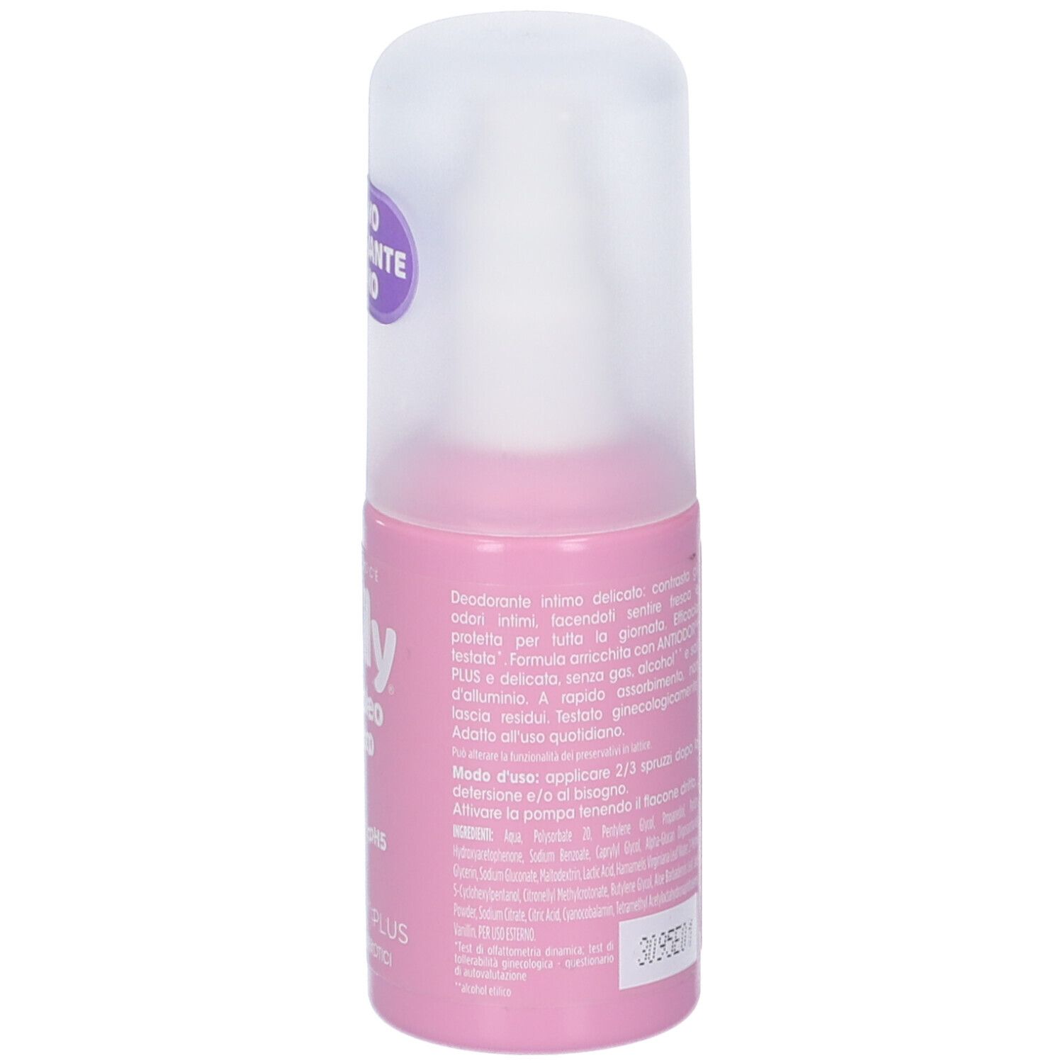 Deodorante roll-on rosa con tappo bianco. Scritta: Chilly Intimo Deo Delicato. Retro con testo.