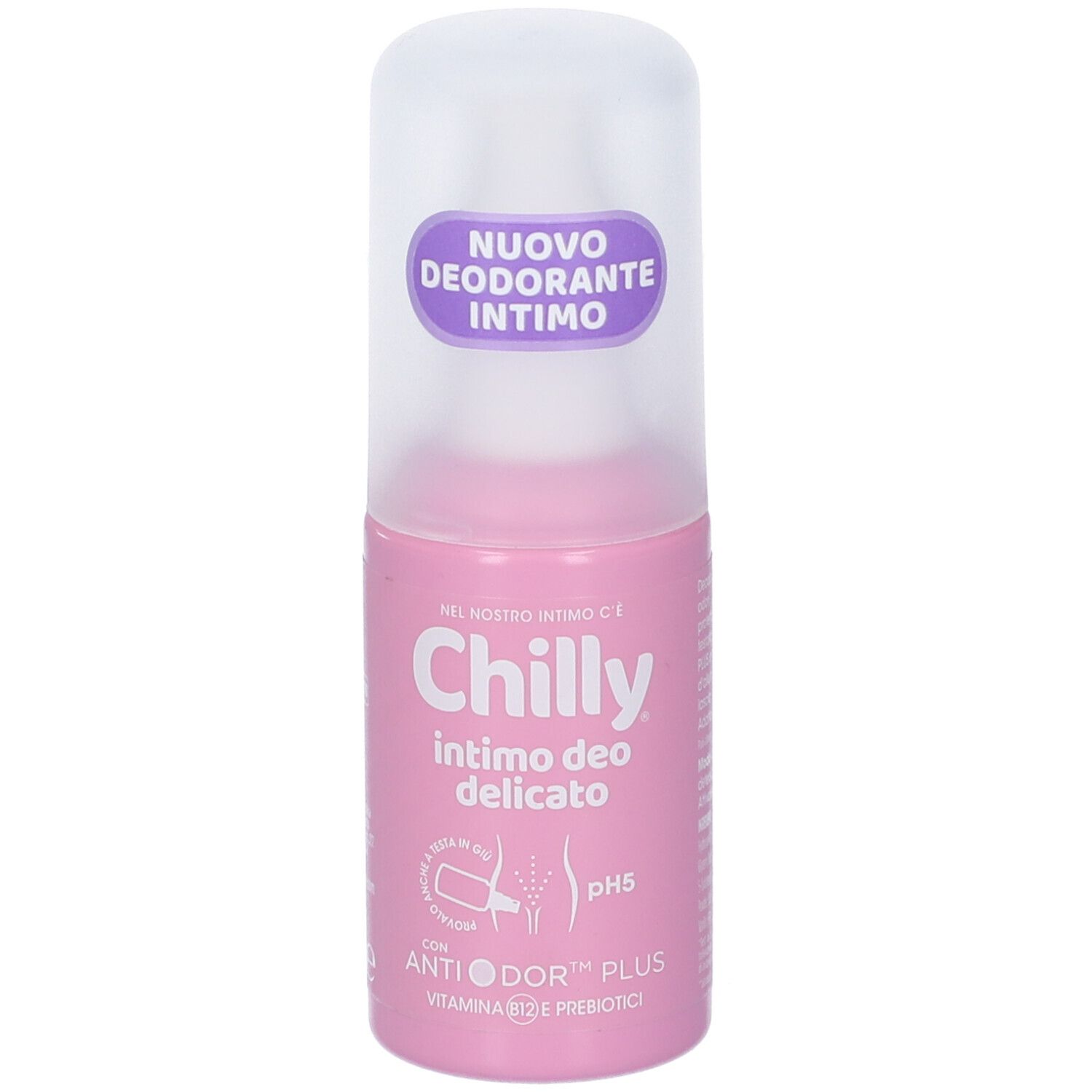 Deodorante roll-on rosa con tappo bianco. Scritta: Chilly Intimo Deo Delicato, pH5, Anti Odor Plus.