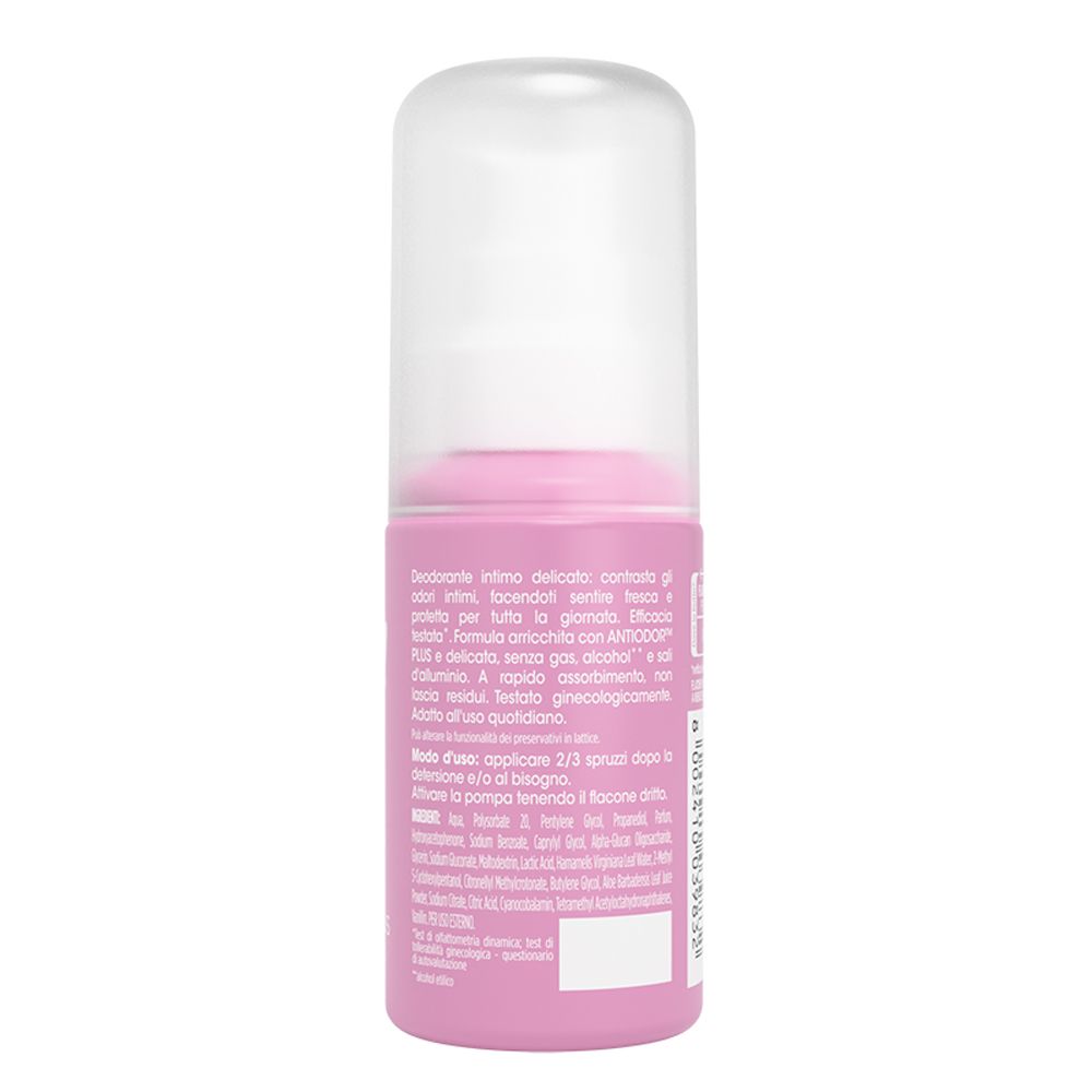 Retro del flacone rosa con tappo bianco. Testo sul prodotto, istruzioni per l'uso.