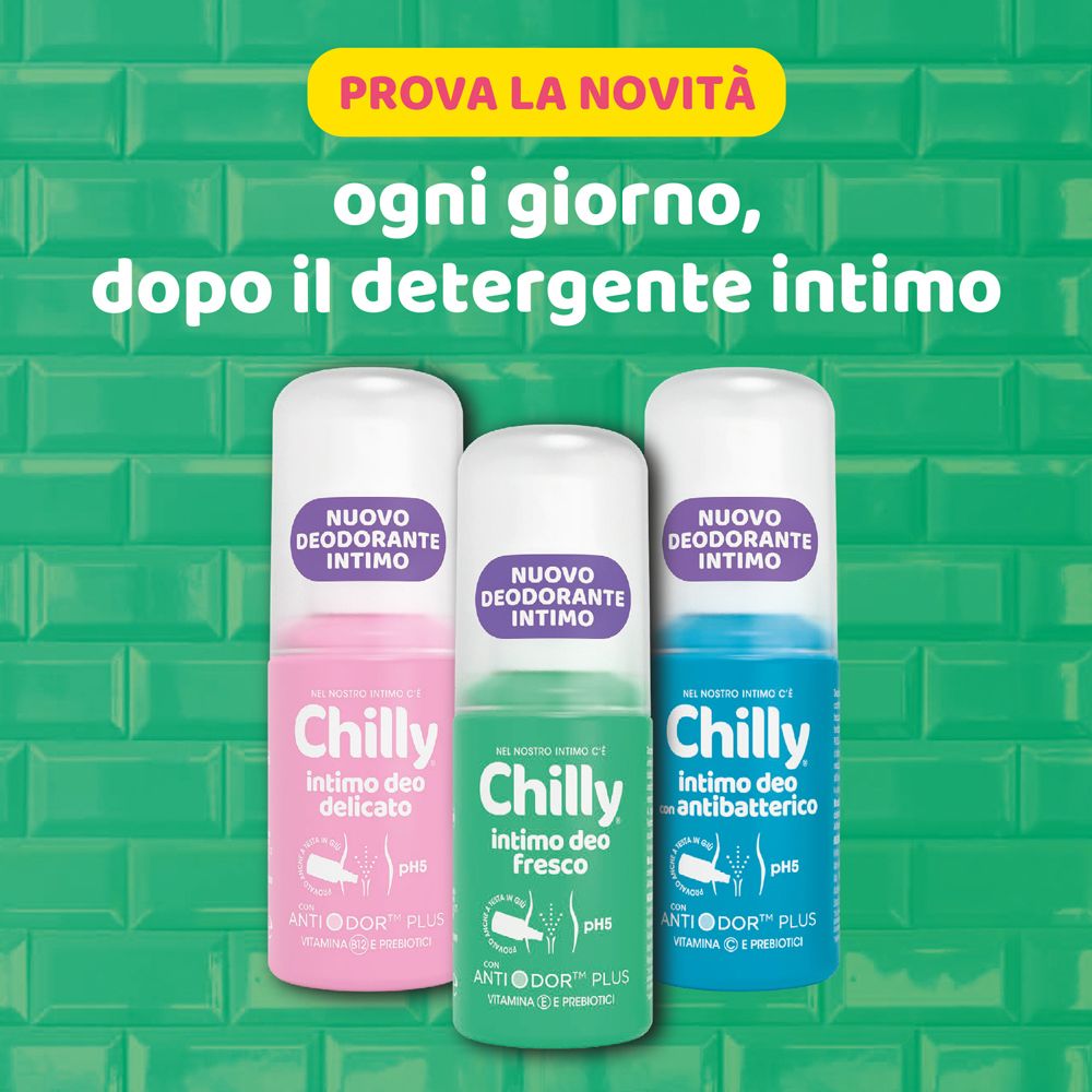 Tre flaconi Chilly Intimo Deo. Delicato, Fresco, Antibatterico. Nuovo deodorante intimo. Dopo il detergente intimo.