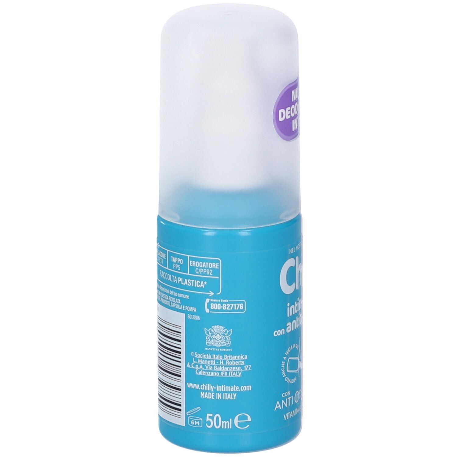 Flacone deodorante blu e bianco. Scritta: Chilly Intimo Deo Antibatterico. Retro con informazioni e codice a barre. Volume: 50 ml.