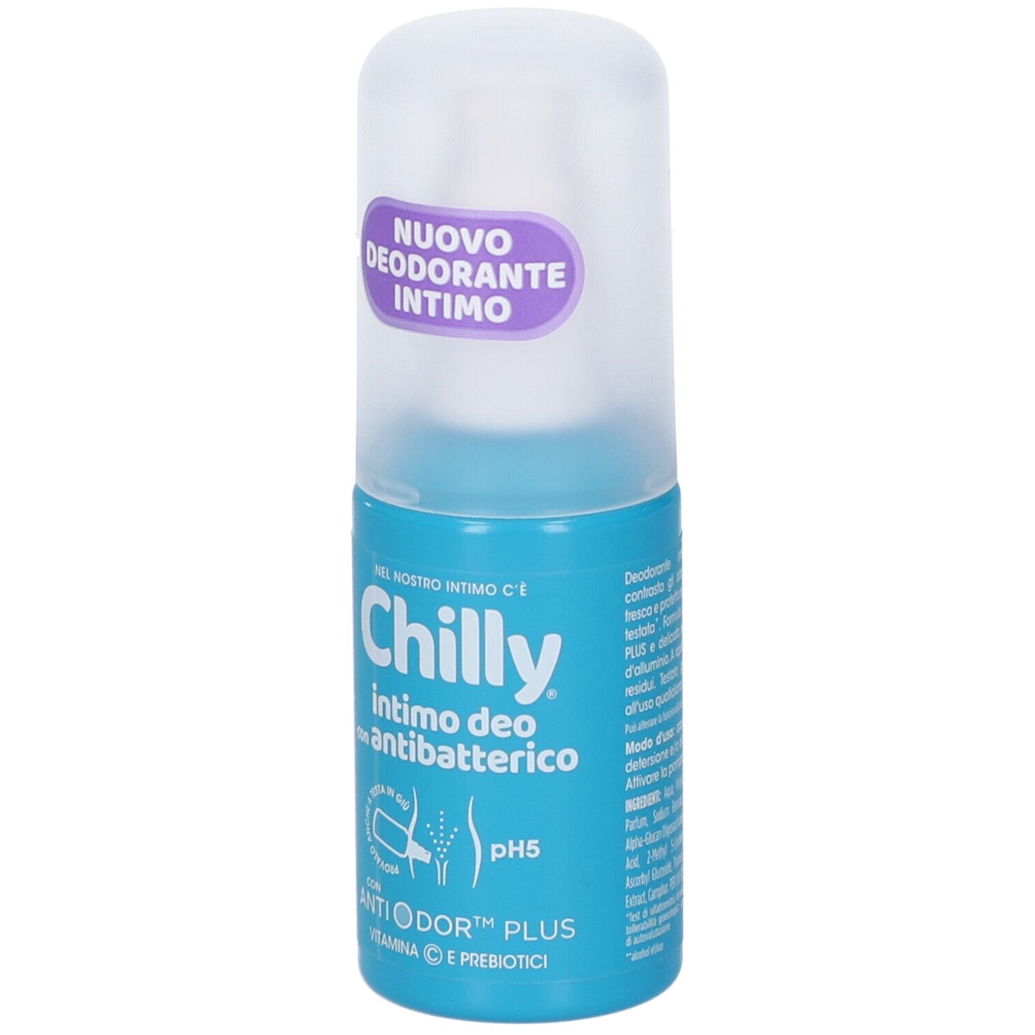 Flacone deodorante blu e bianco. Scritta: Chilly Intimo Deo Antibatterico, pH5, AntiOdor Plus. Adesivo viola: Nuovo Deodorante Intimo.