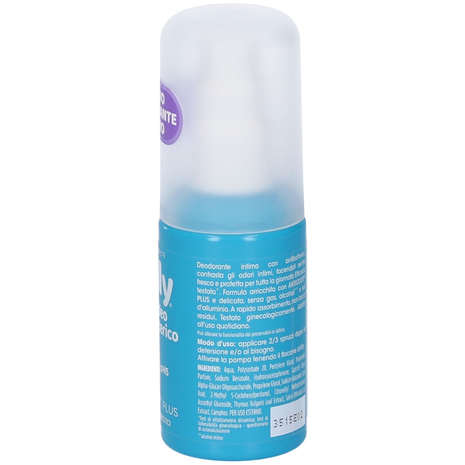 Flacone deodorante blu e bianco. Scritta: Chilly Intimo Deo Antibatterico, pH5, AntiOdor Plus. Adesivo viola: Nuovo Deodorante Intimo.