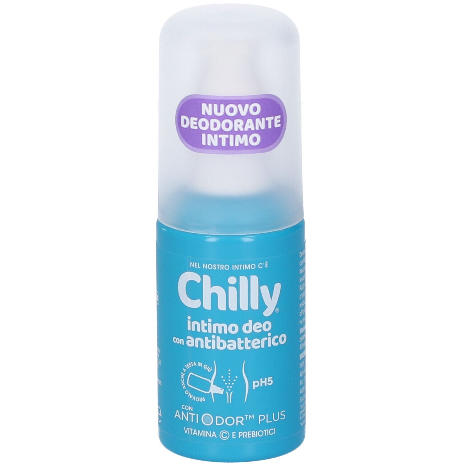 Flacone deodorante blu e bianco. Scritta: Chilly Intimo Deo Antibatterico, pH5, AntiOdor Plus. Adesivo viola: Nuovo Deodorante Intimo.