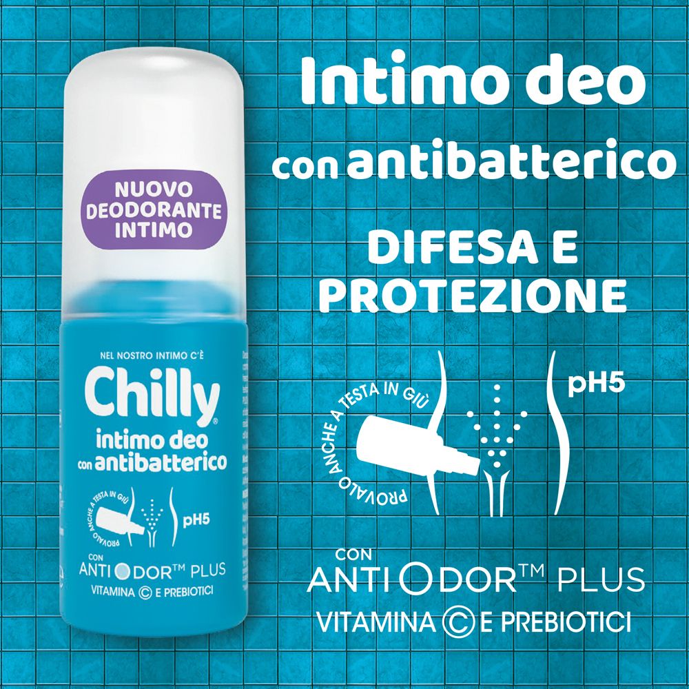 Prodotto su sfondo blu. Scritta: Intimo Deo Antibatterico. pH5. Con Anti-Odor Plus. Illustrazione. Protezione.