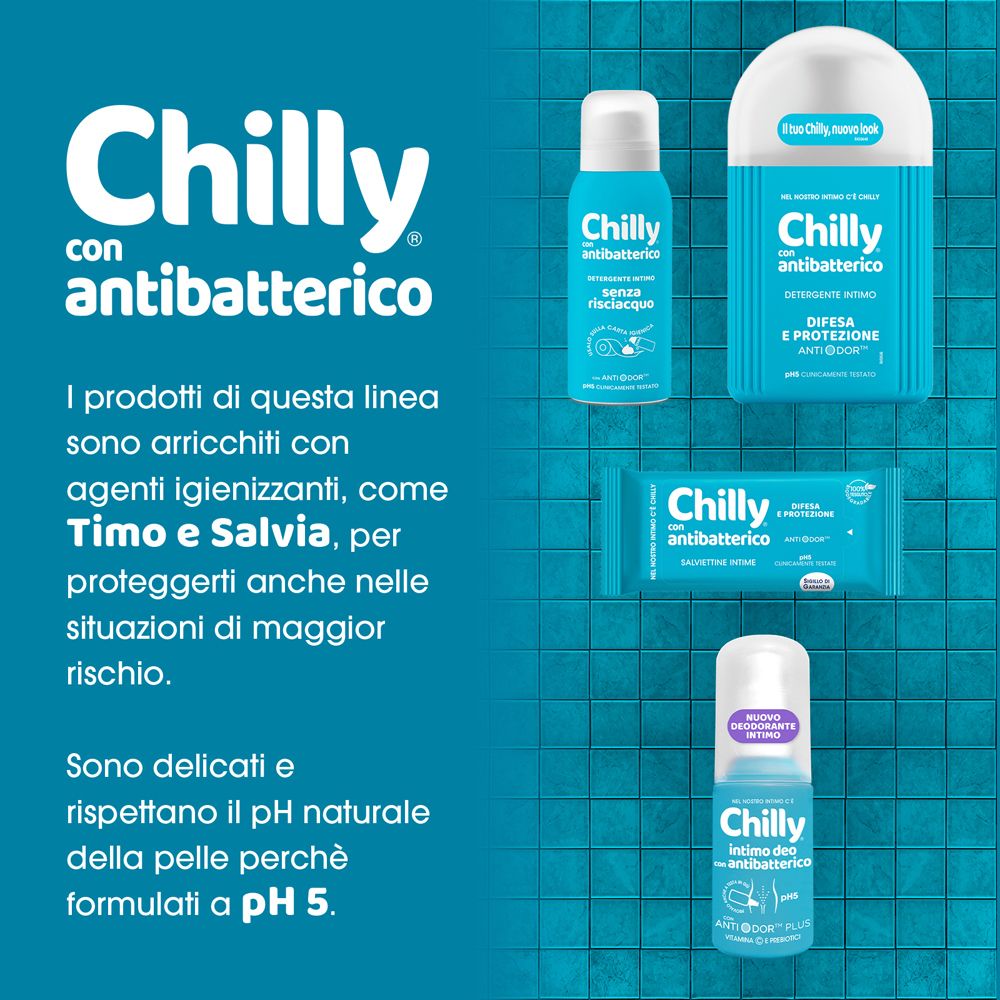 Vari prodotti Chilly. Scritta: Chilly con Antibatterico. Con timo e salvia. pH5. Antibatterico.