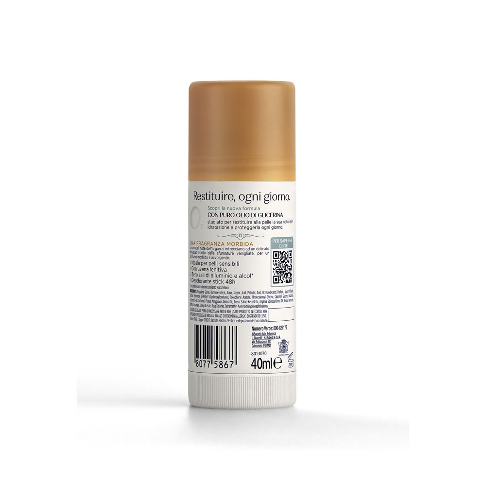 Retro dello stick. Testo: Restituire, ogni giorno. Con codice QR e informazioni. Volume: 40ml.