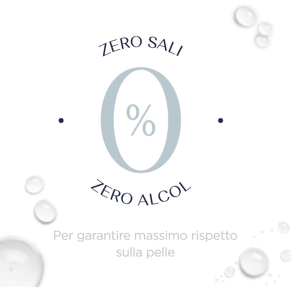 Grafica con gocce e numero 0. Testo: Zero Sali, Zero Alcol. Per garantire massimo rispetto sulla pelle.