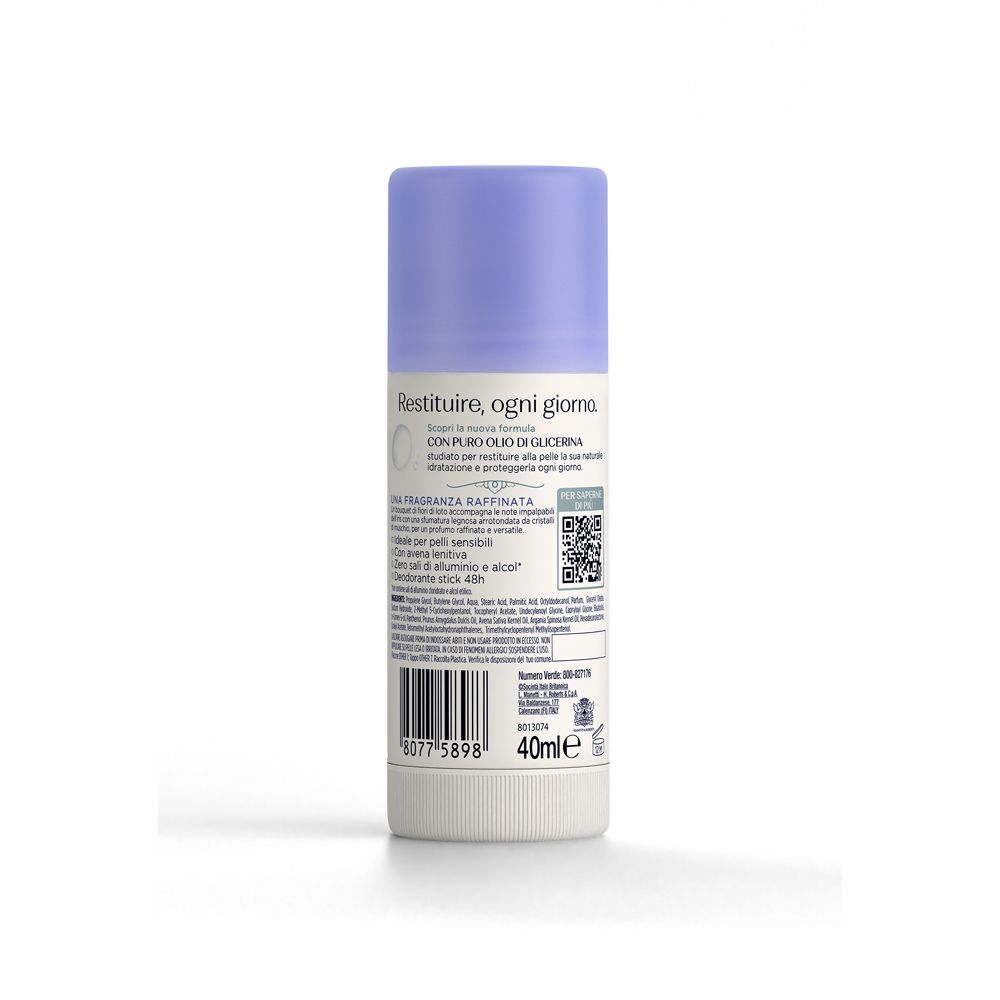 Retro dello stick deodorante. Testo: Restituire, ogni giorno. Codice QR e informazioni sul prodotto. 40ml.