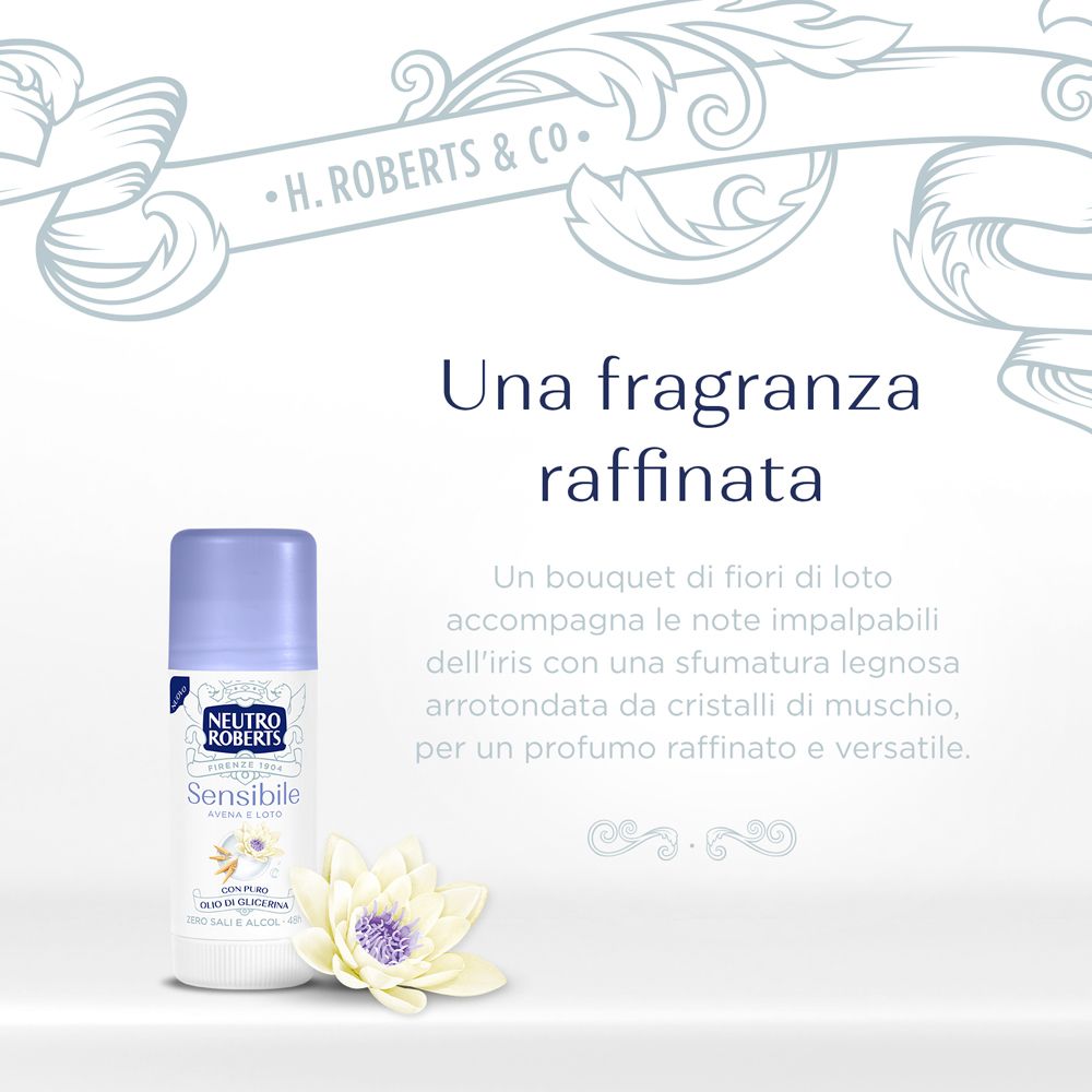 Immagine pubblicitaria con stick deodorante e fiore di loto. Testo: Una fragranza raffinata. Descrizione della fragranza.