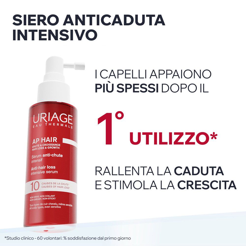 Siero Uriage AP Hair intensivo anticaduta in flacone rosso con erogatore bianco.