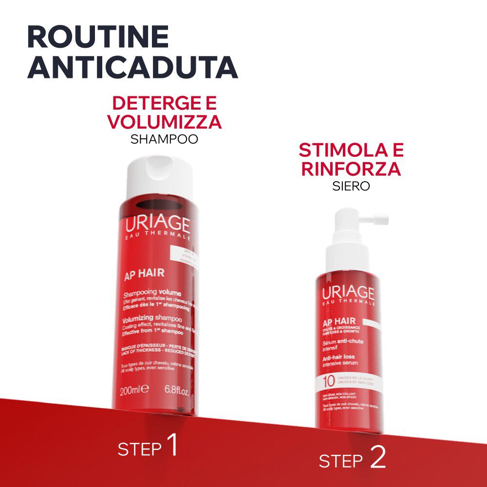 Due prodotti Uriage AP Hair: uno shampoo (200ml) e un siero anticaduta.