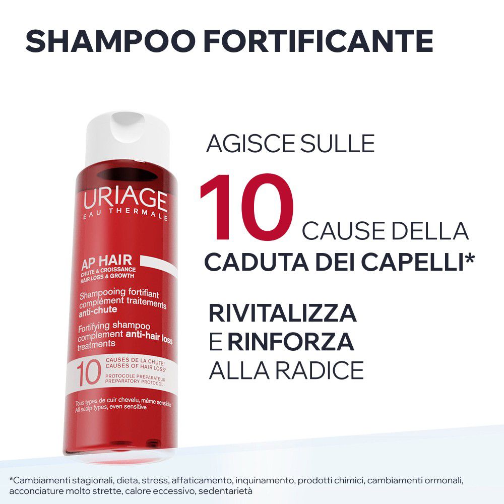 Flacone Uriage AP Hair Shampoo accanto a testo su 10 cause di caduta dei capelli.
