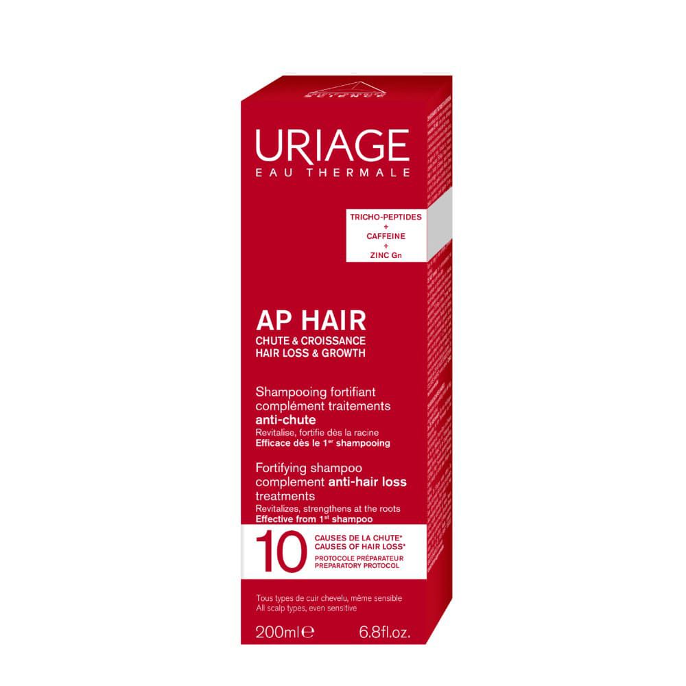 Flacone e scatola Uriage AP Hair Shampoo. Volume 200ml.