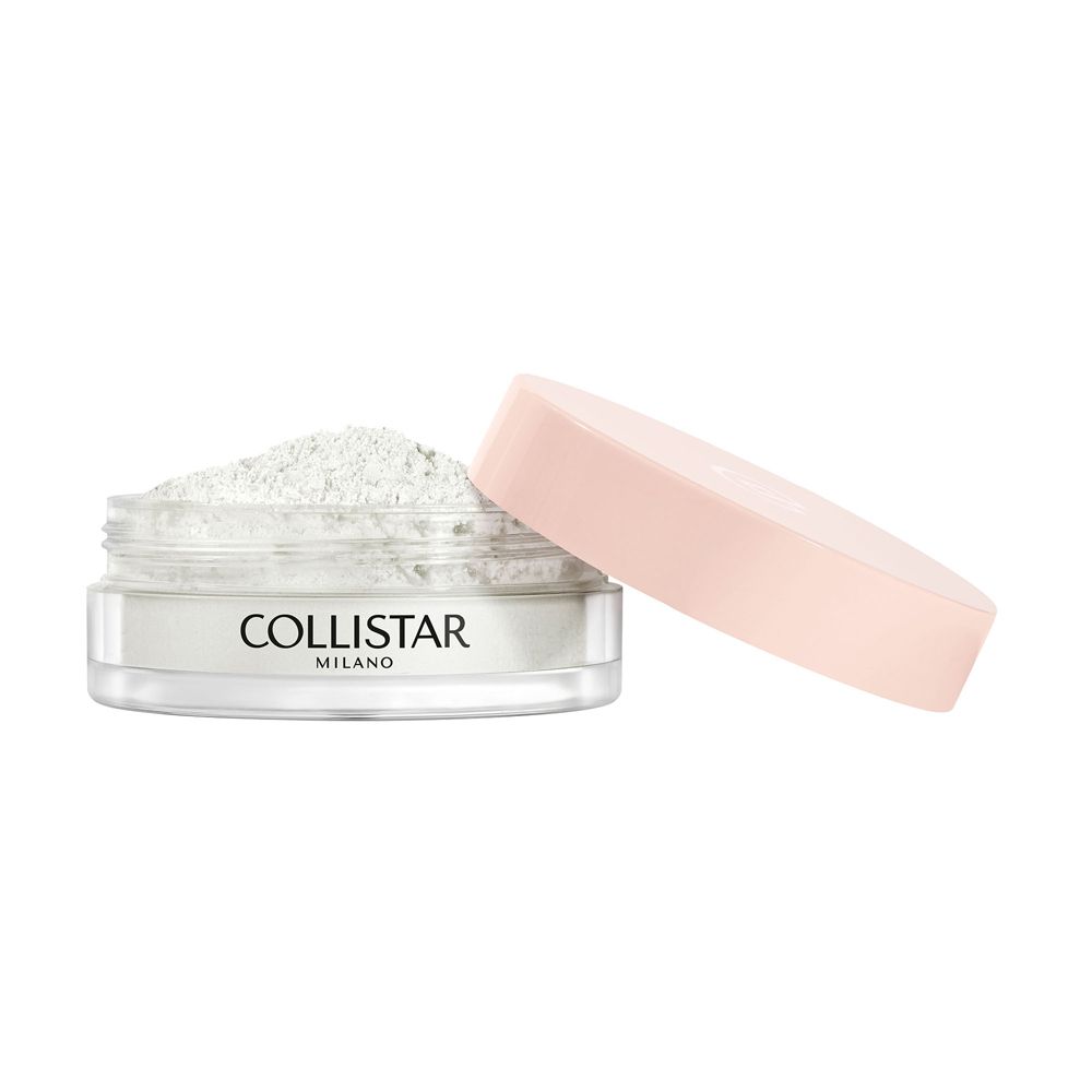 Barattolo aperto con polvere bianca. Il coperchio rosa è accanto. COLLISTAR MILANO è visibile sul contenitore.