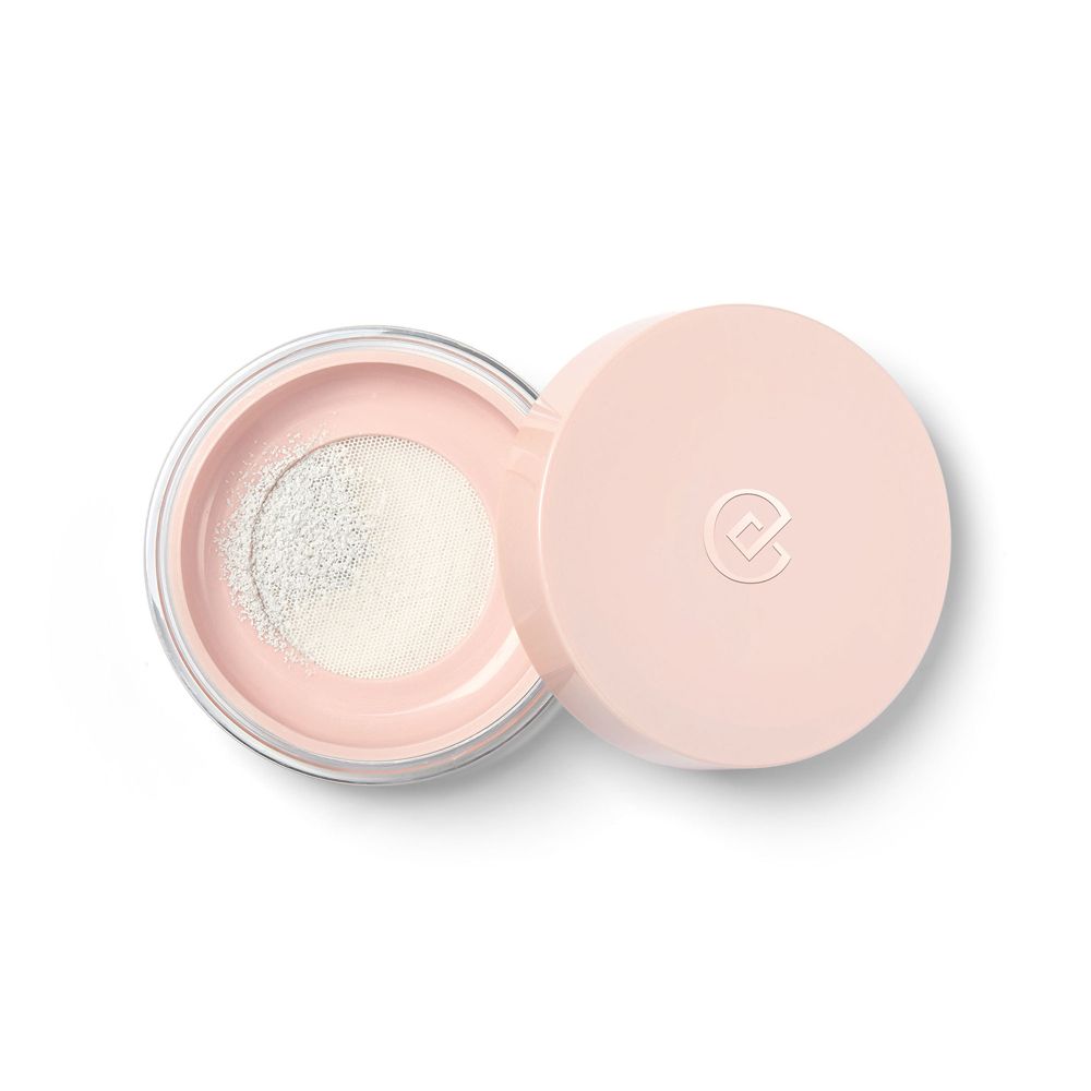 Barattolo con coperchio rosa, aperto. Polvere bianca visibile. Il logo 'C' è visibile sul coperchio.