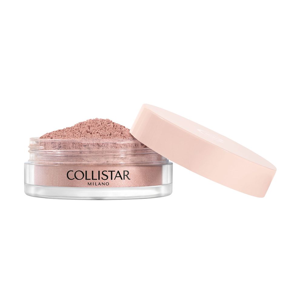 Barattolo aperto con polvere rosa. Coperchio accanto. Scritta: COLLISTAR MILANO.
