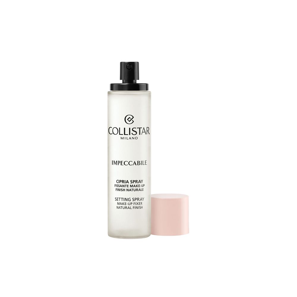 Collistar Impeccabile Cipria Spray. Flacone con vaporizzatore nero e tappo rosa. Testo: Setting Spray.