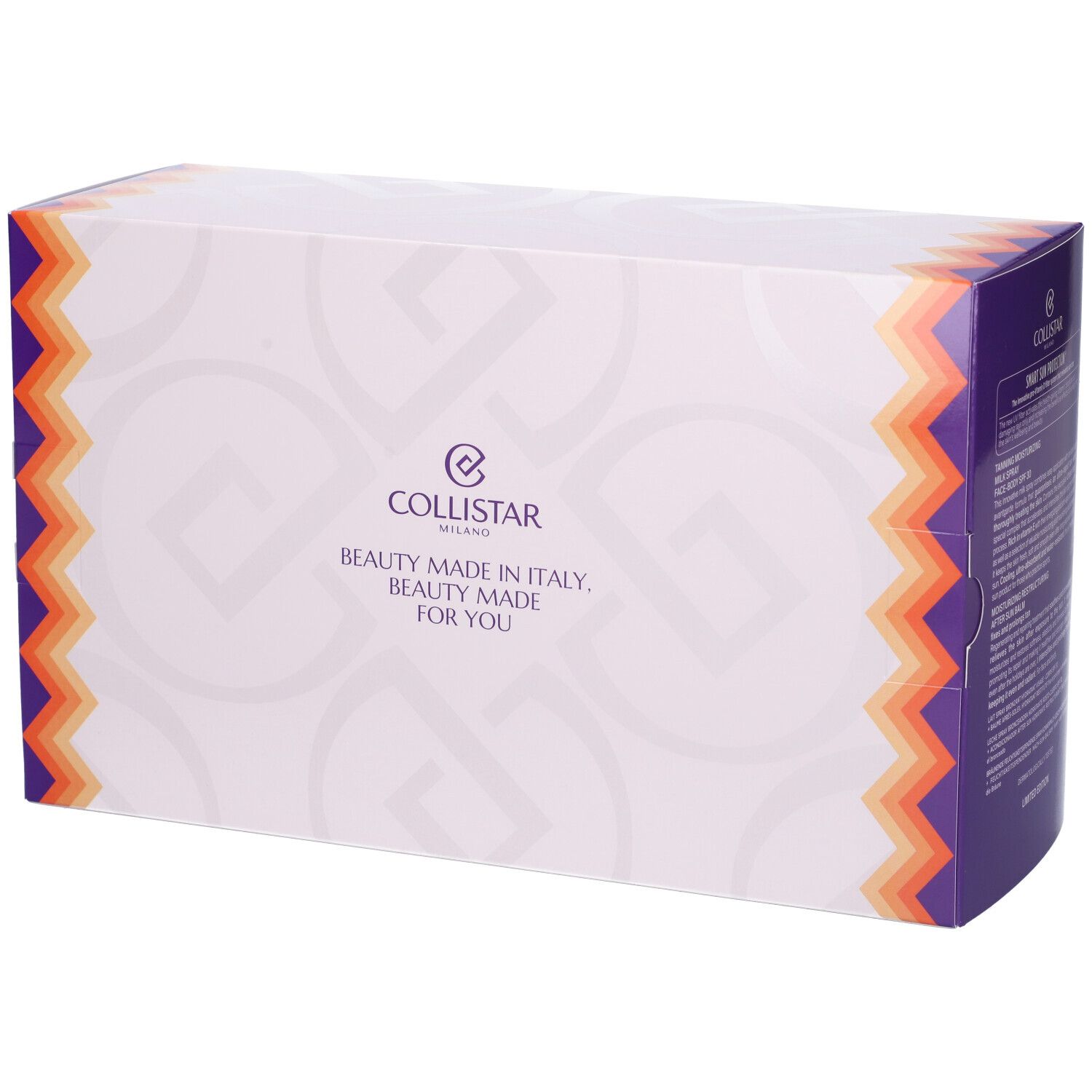 Confezione del set regalo. Marchio Collistar. Testo: Beauty Made in Italy, Beauty Made for You.