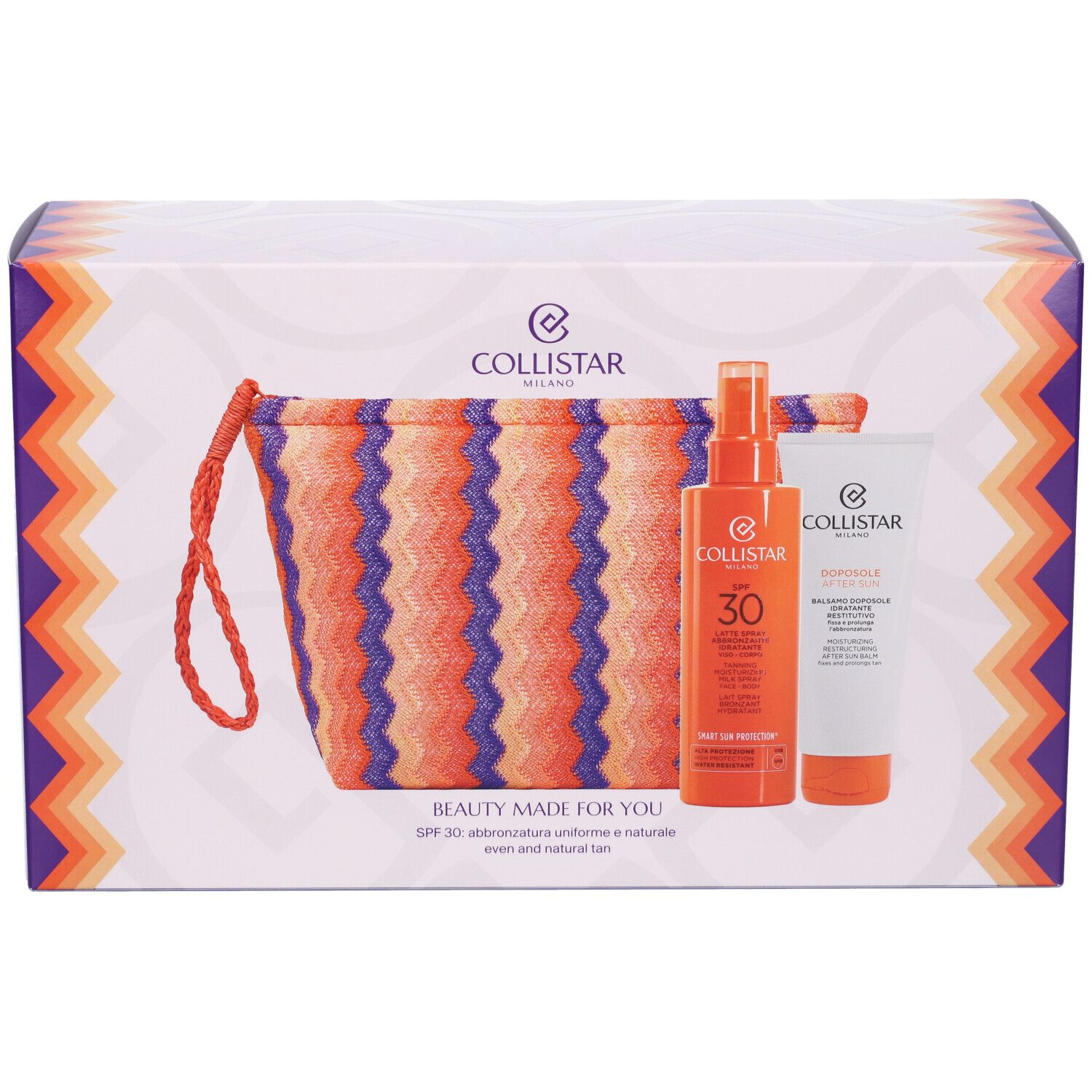 Set regalo con pochette, spray solare SPF30 e crema. Marchio Collistar. Testo: SPF 30, abbronzatura uniforme e naturale.