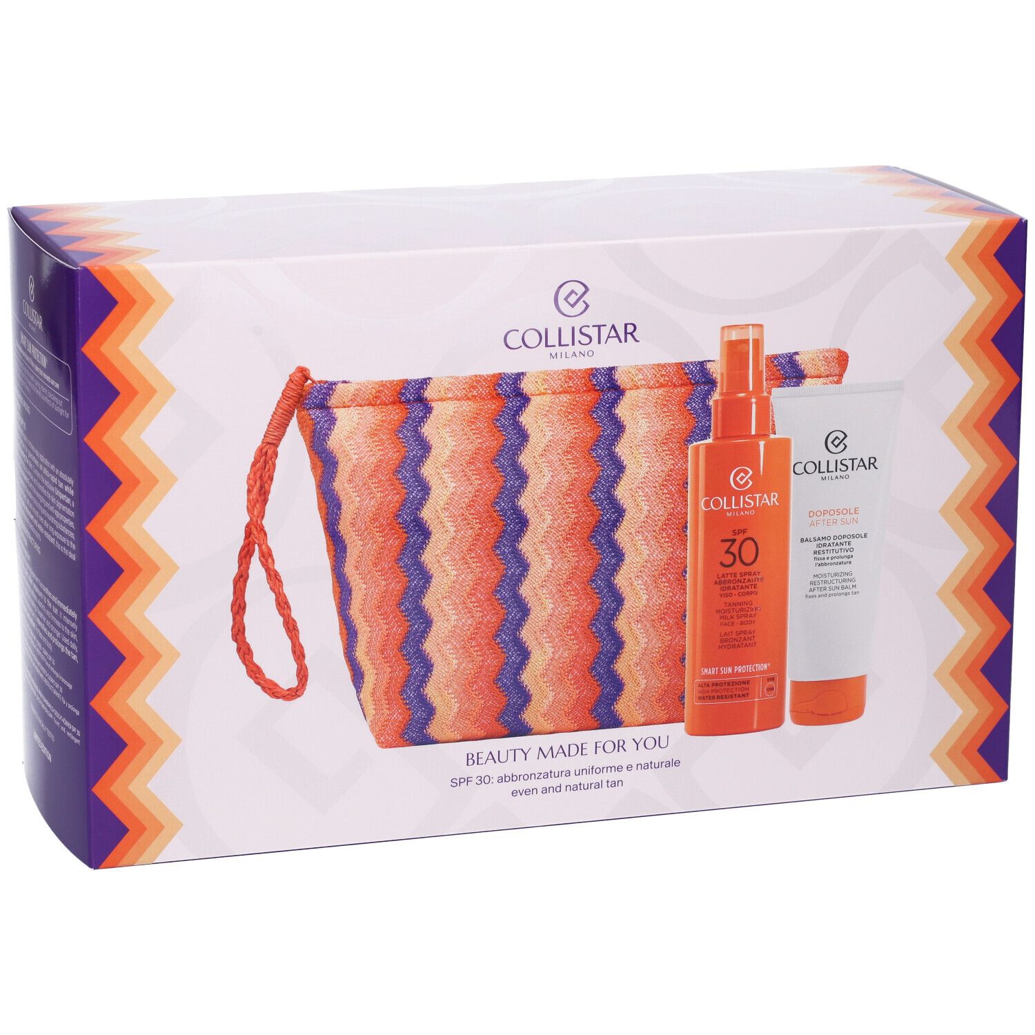 Set regalo con pochette, spray solare SPF30 e crema. Marchio Collistar. Testo: SPF 30, abbronzatura uniforme e naturale.