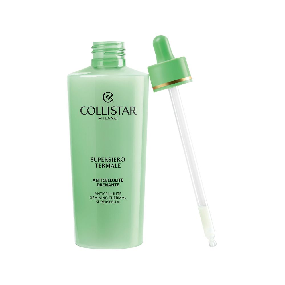 Flacone verde con tappo e pipetta verdi. Scritta: Supersiero Termale Anticellulite Drenante di Collistar.