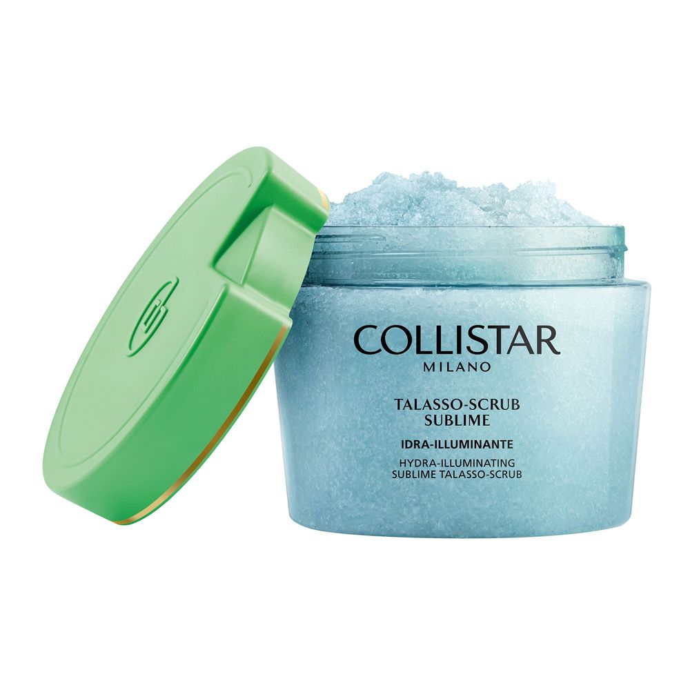 Vasetto blu-verde aperto con coperchio verde. Contenuto: scrub blu. Scritta: Collistar Milano, Talasso-Scrub Sublime.
