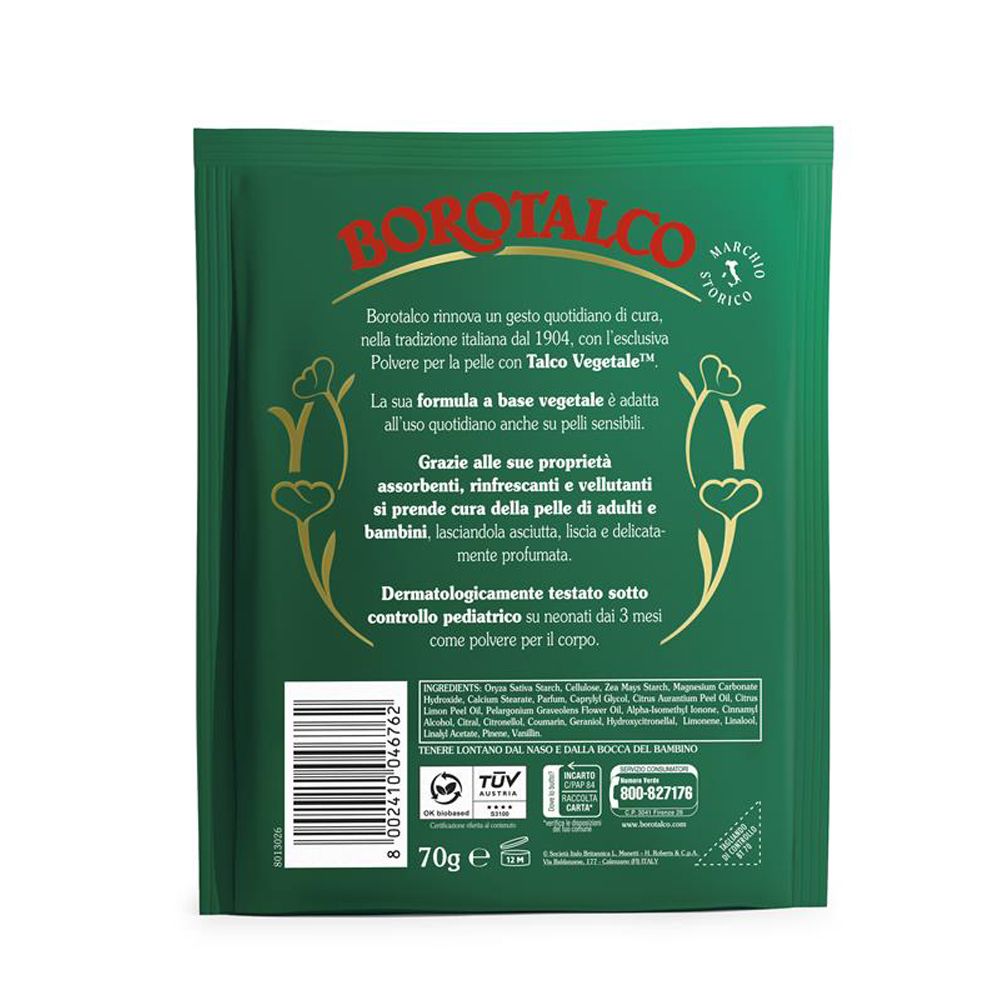 Retro confezione verde Borotalco. Testo italiano, ingredienti, certificazioni e contatti.