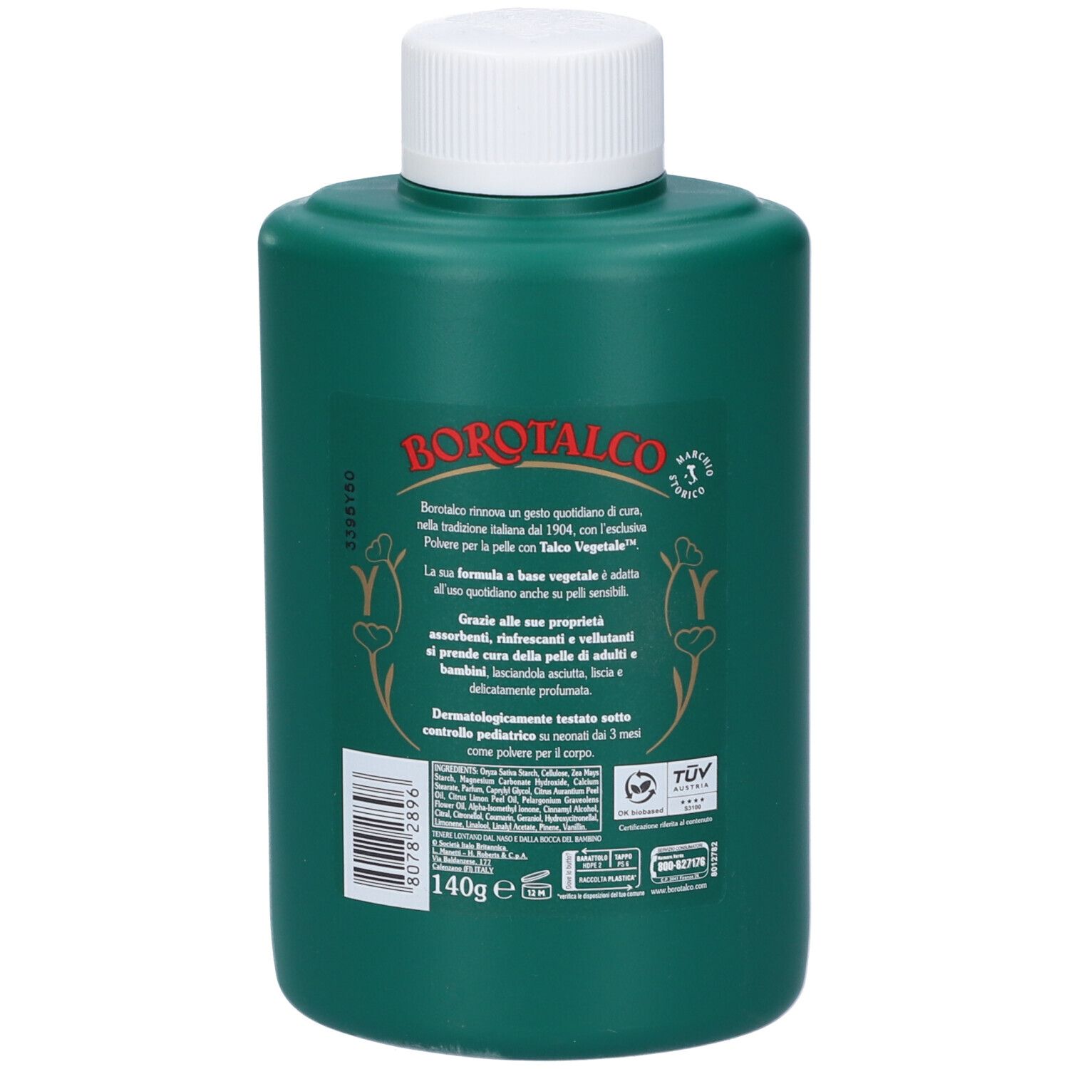 Flacone verde con tappo bianco. Scritta: Borotalco. Testo e logo. Contiene 140g. Certificazione TÜV.