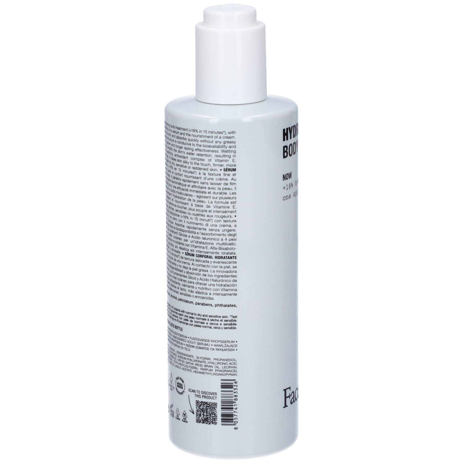 Retro di un flacone bianco. Testo in più lingue. Marchio: Face D. Contiene informazioni sugli ingredienti.