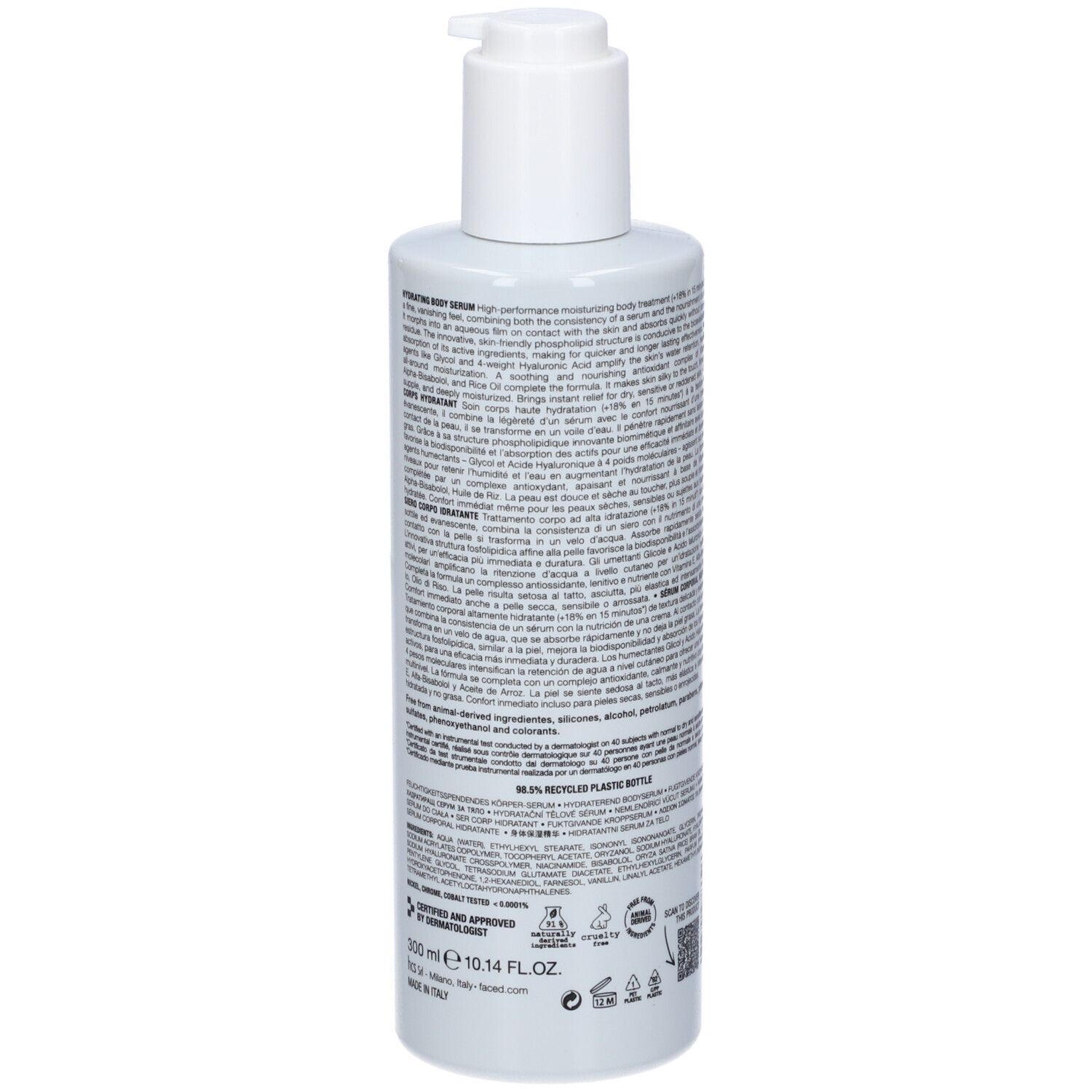 Retro di un flacone bianco. Testo in più lingue. Marchio: Face D. Contiene informazioni sugli ingredienti e il riciclaggio.