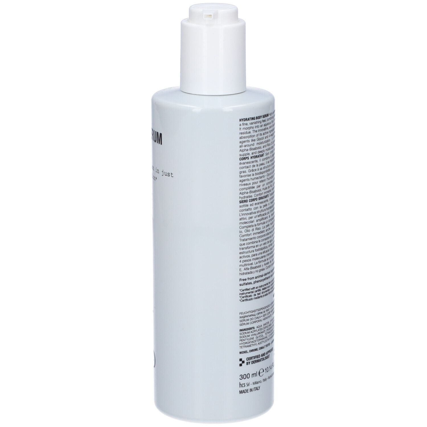 Flacone bianco con dosatore a pompa. Scritta: HYDRA BODY SERUM. Marchio: Face D. Contiene testo sull'idratazione.