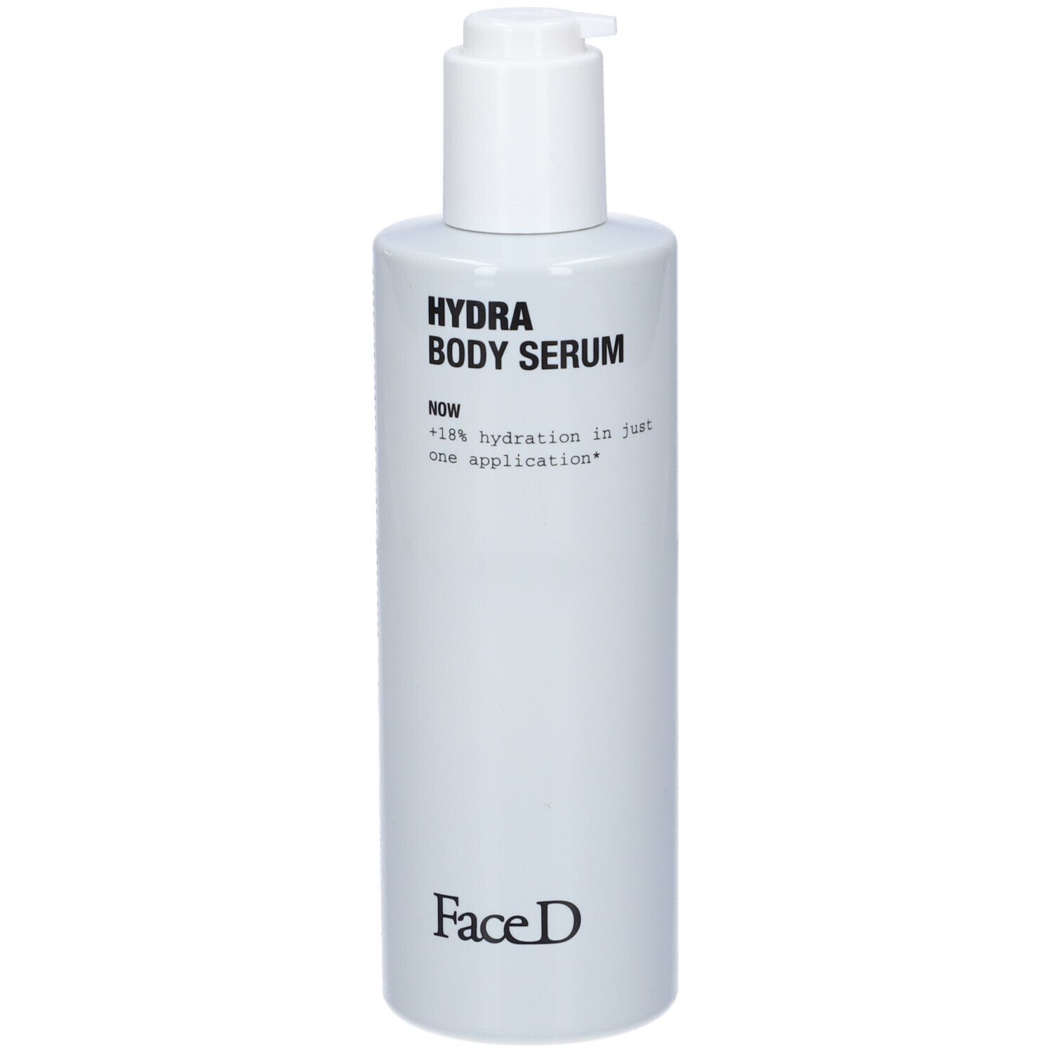 Flacone bianco con dosatore a pompa. Scritta: HYDRA BODY SERUM. Marchio: Face D. Contiene testo sull'idratazione.
