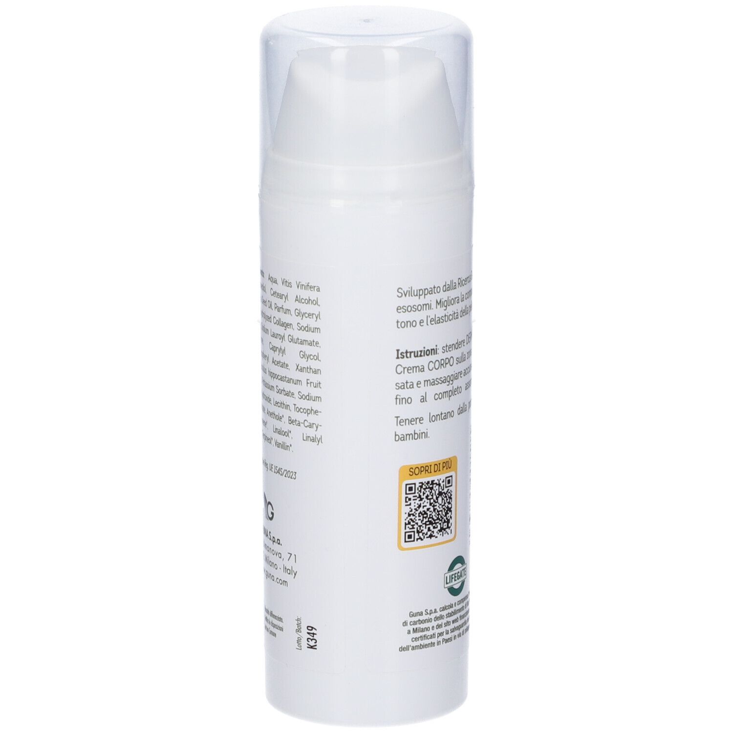 Lato del flacone Dermoguna Crema Corpo con elenco ingredienti e codice QR.