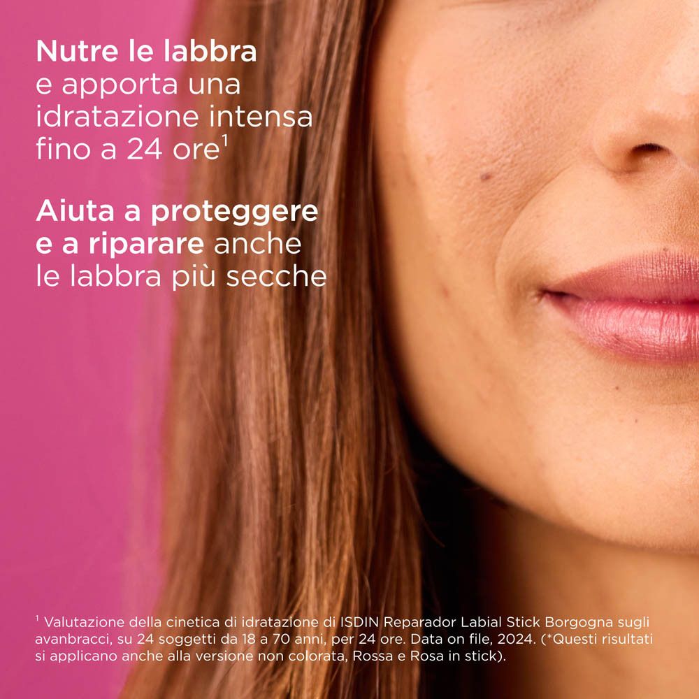 Testo con informazioni sul prodotto. Testo: Nutre le labbra e apporta un'idratazione intensa fino a 24 ore.