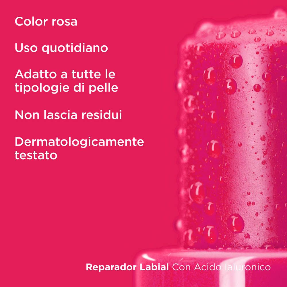 Stick riparatore labbra rosa. Testo: Uso quotidiano, adatto a tutti i tipi di pelle, non lascia residui.