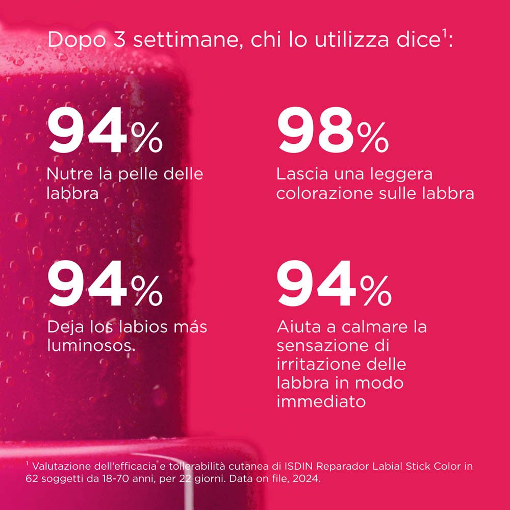 Testo con informazioni sul prodotto. Testo: 94% nutre la pelle delle labbra, 98% lascia una leggera colorazione sulle labbra.