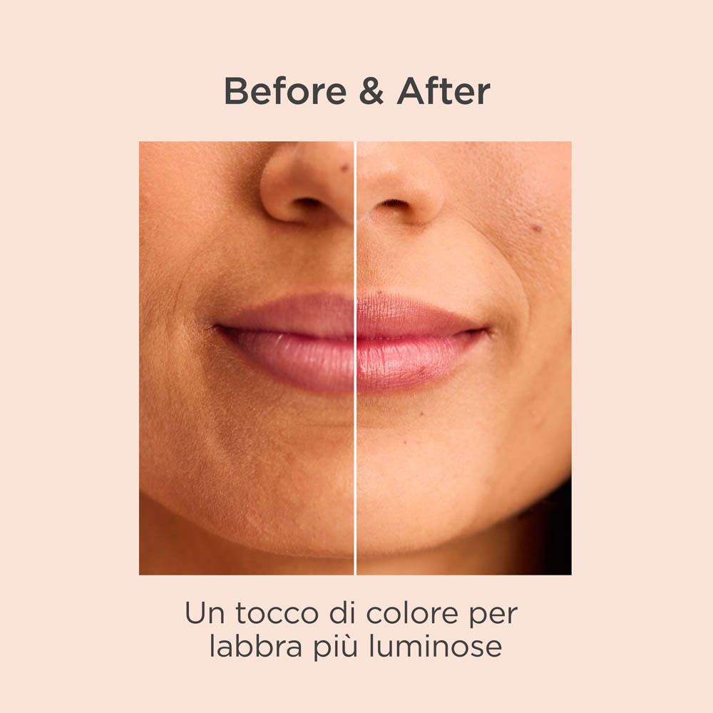 Immagine prima e dopo delle labbra. Testo: Un tocco di colore per labbra più luminose.