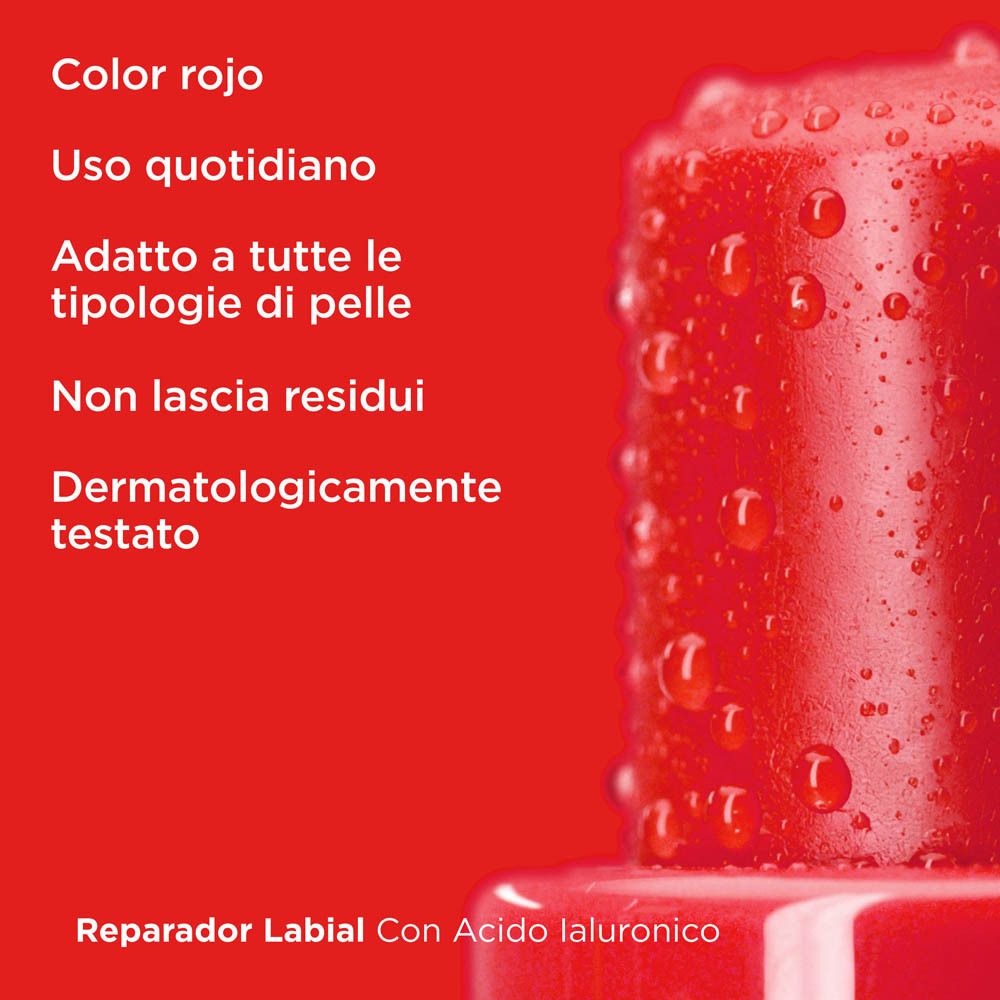 Stick labbra rosso. Testo con informazioni sul prodotto.