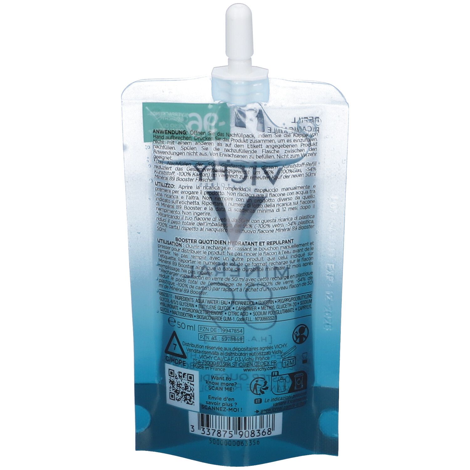 Retro della ricarica Vichy Mineral 89. Bustina trasparente con tappo bianco. Testo e loghi visibili.